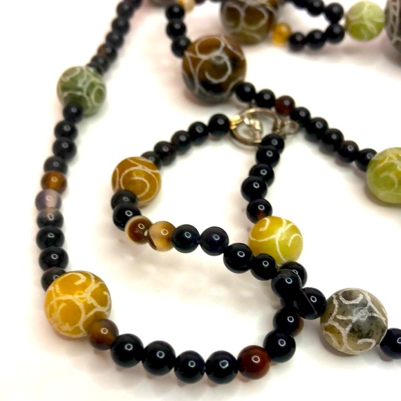 Sterling Silver Plated Rainbow Obsidian Alabaster Bead Necklace And Earrings Set - Picture 5 of 9